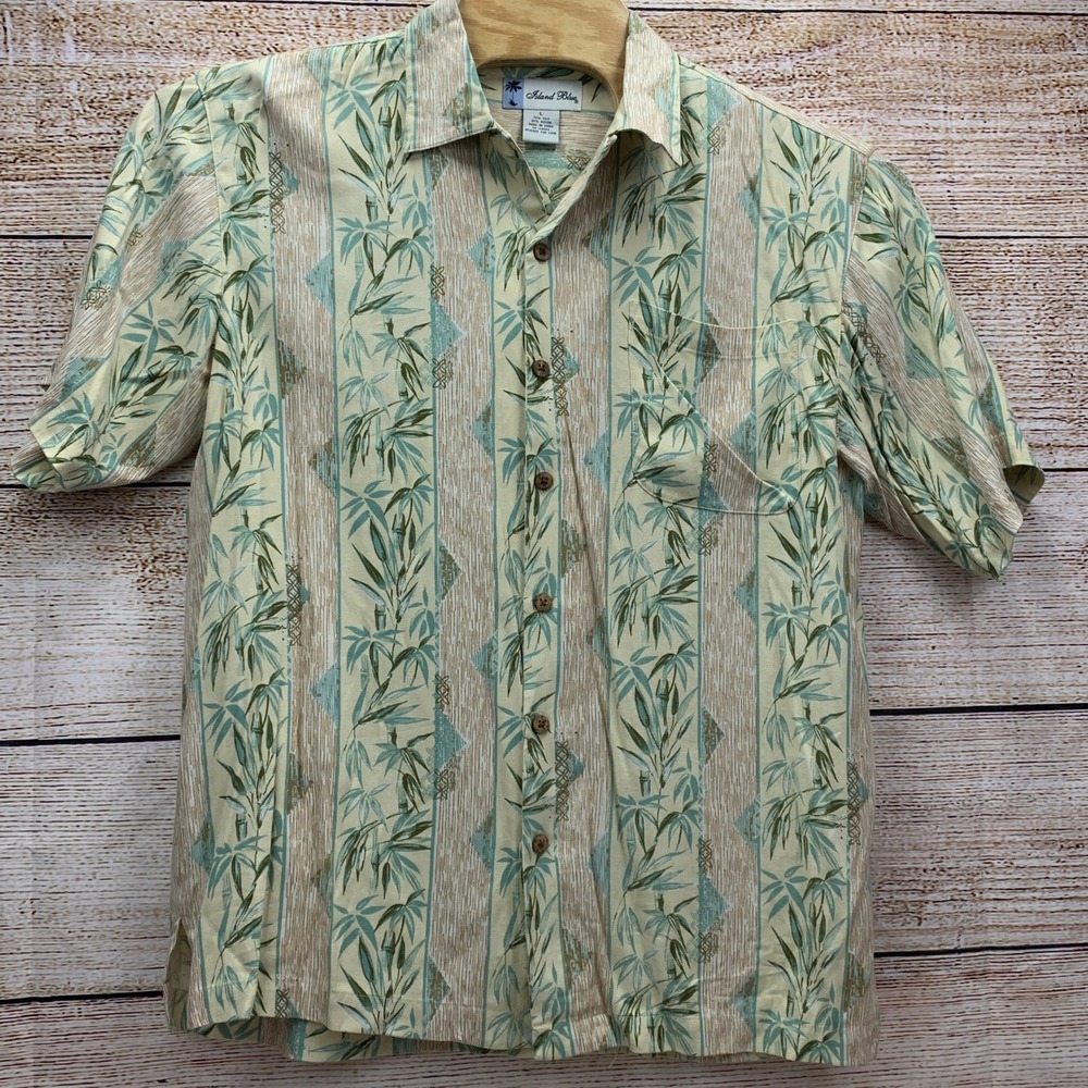 Island Blue Silk Blend Hawaiian Shirt Tropical Bamboo Print Mens‎ [Size Large]
